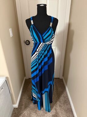 Chico's Blue, Navy & White Striped Maxi Dress with Rhinestone Straps